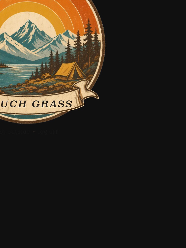 Touch Grass Retro Mountain Sunset Camping Badge by RetroThreadWorks