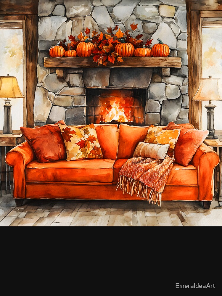 Cozy Autumn Living Room – Watercolor Fireplace Scene by EmeraldeaArt