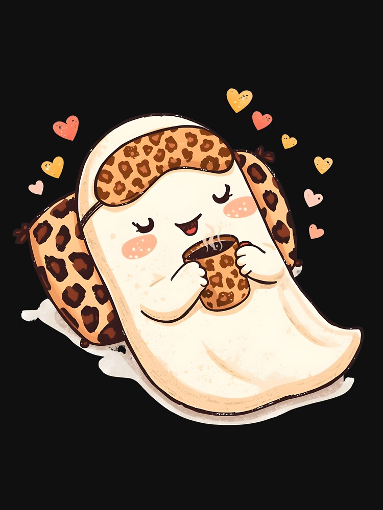 Cozy Kawaii Ghost with Leopard Print and Coffee Sticker by FestivityFinds