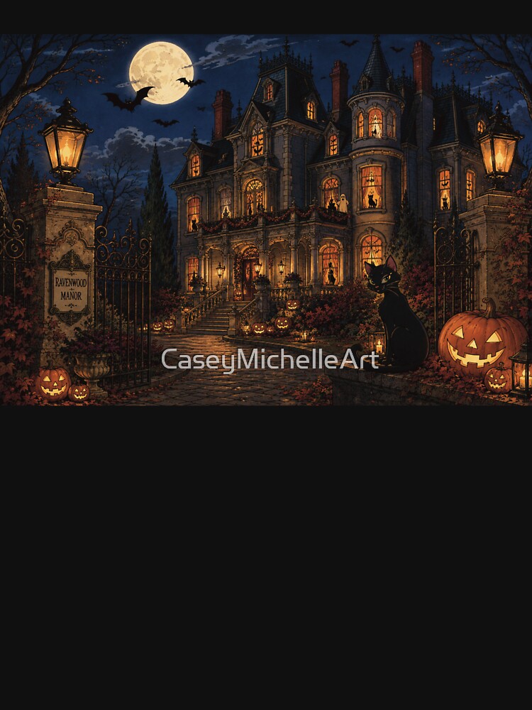 Victorian Gothic Halloween Haunted House Black Cat by CaseyMichelleArt