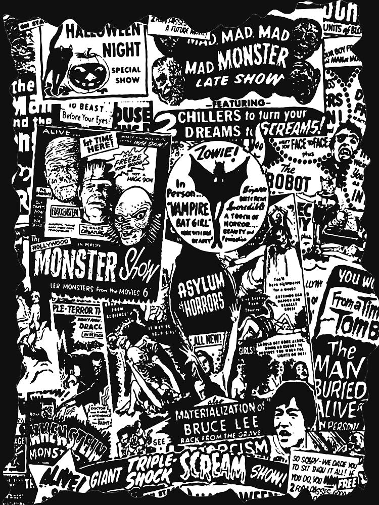 Vintage Horror Ad Collage (White ink on dark) by Scott Banks