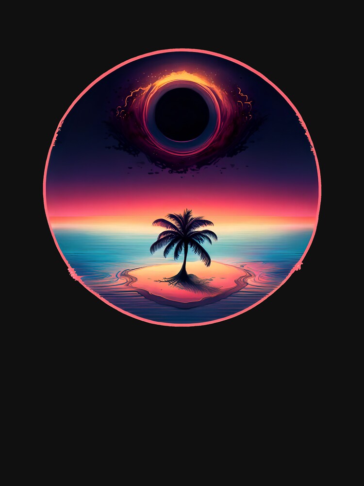 Surreal retro sunset black hole over a lone palm by analogsandpixel
