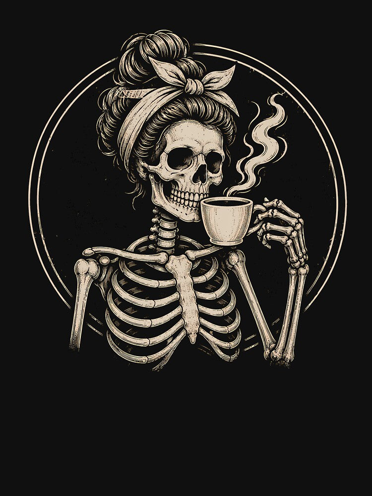 Retro Skeleton Messy Bun Drinking Coffee Vintage Gothic by Moizento