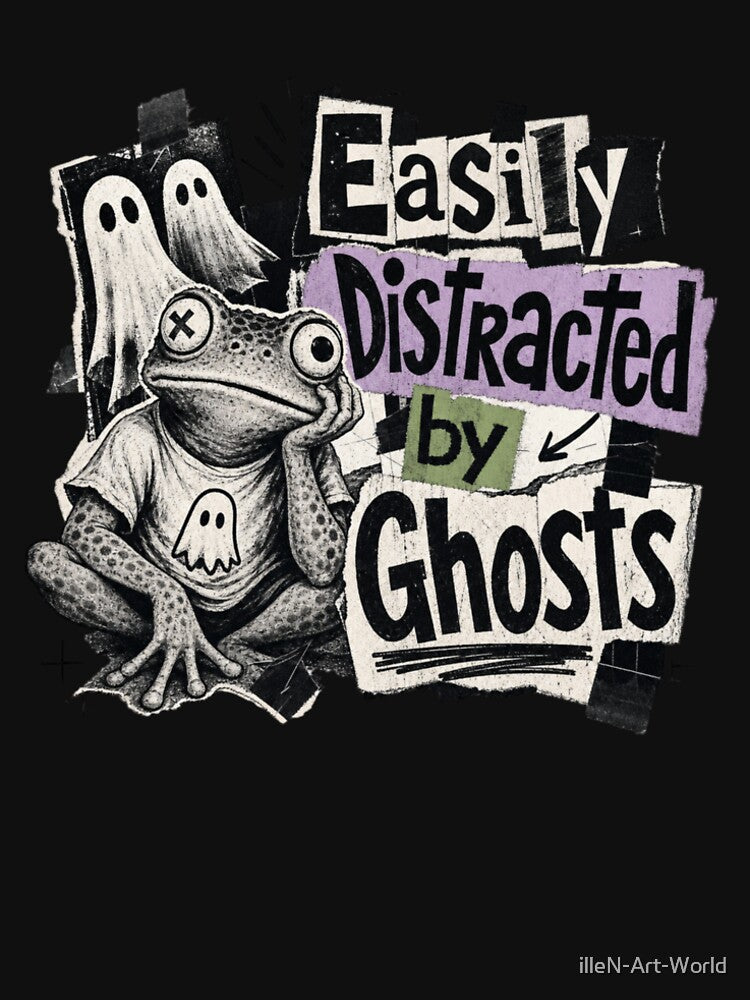 Easily Distracted By Ghosts Frog Vintage Zine T-Shirt | Funny Grunge Toad Paper Collage Spooky Halloween Gift by illeN-Art-World