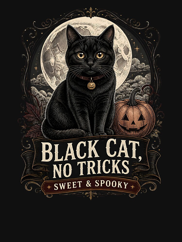 BLACK CAT, NO TRICKS Sweet & Spooky Halloween Gothic Engraving by BernoNickel
