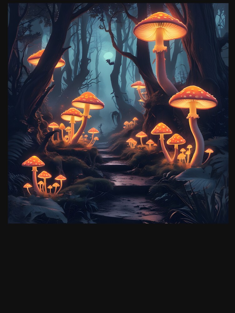 Fungal Jungle Halloween T-Shirt for Mushroom and Spooky Art Lovers by JoyMuse