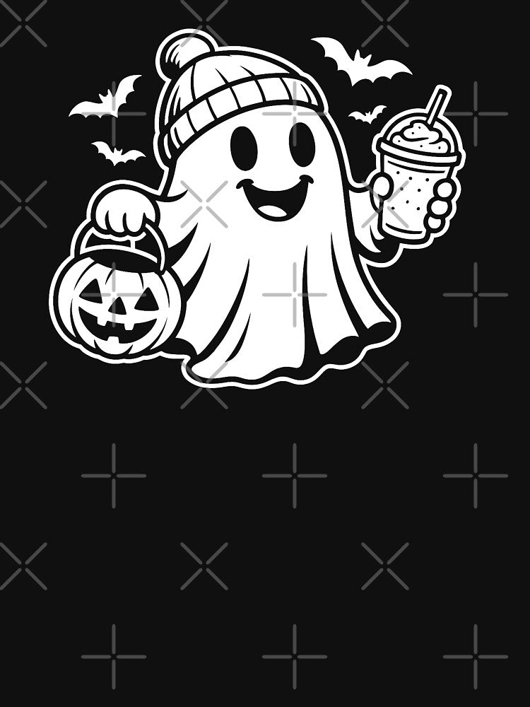 Cute Halloween Ghost with Pumpkin and Coffee | Cozy Spooky Art by Stinky Lincy's Apparel Company