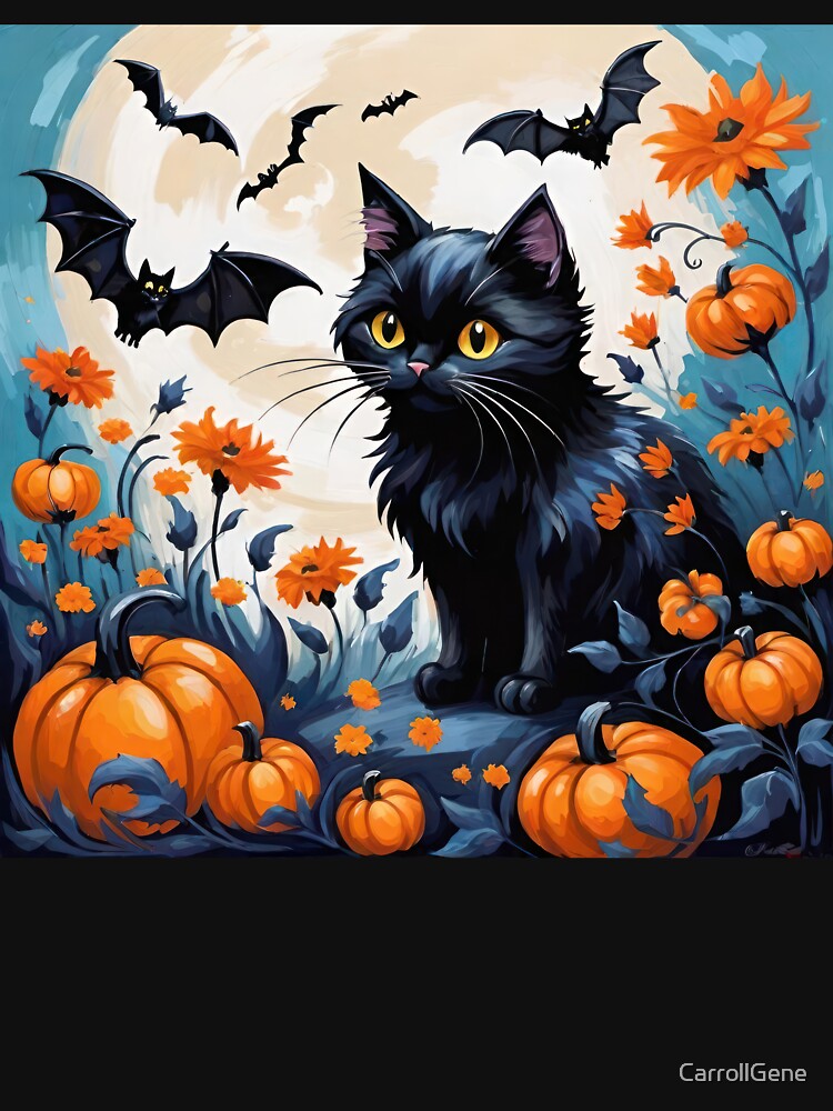 Cute Halloween Black Kitten With Bats Pumpkins and Full Moon by CarrollGene