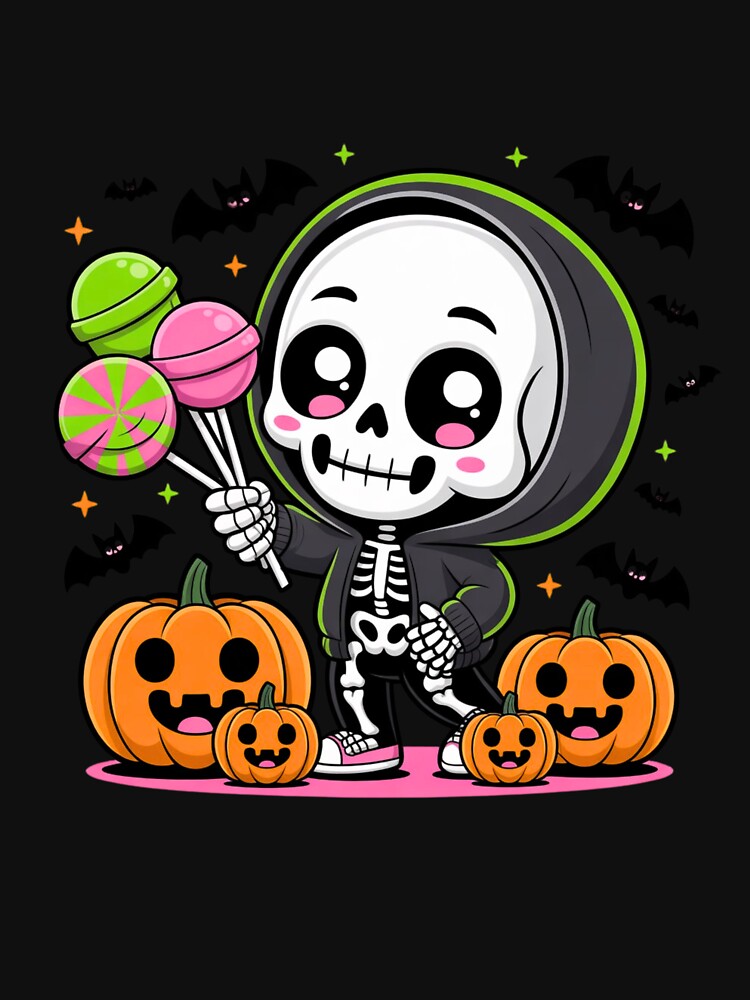 Cute Chibi Skeleton in Hoodie with Candy Lollipops | Kawaii Halloween Pumpkin & Bat Art by ColorSplash123
