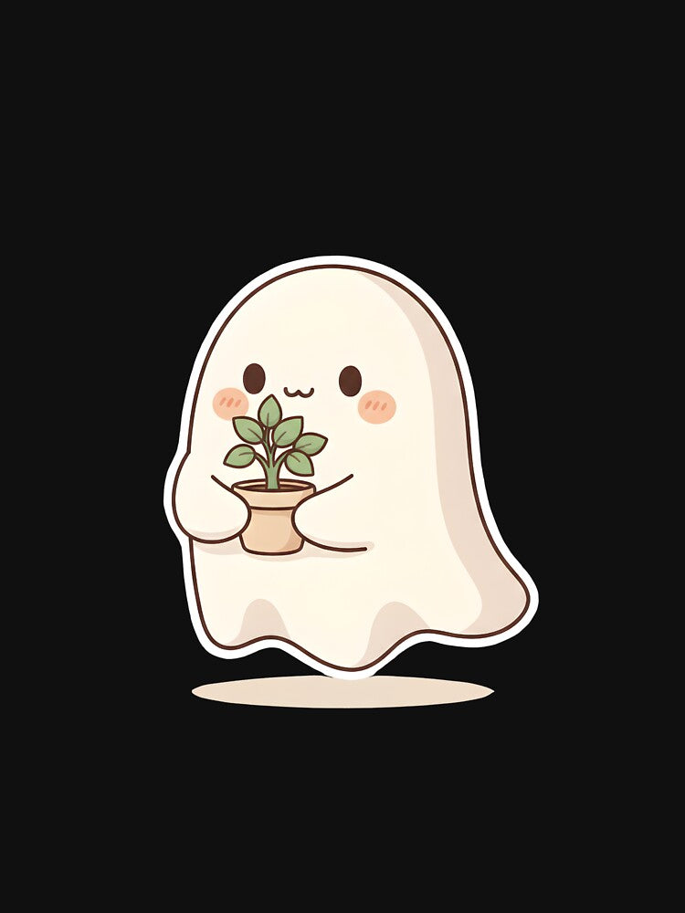 Cute Ghost Holding Plant – Kawaii Cozy Ghost Illustration by Biwbiwty