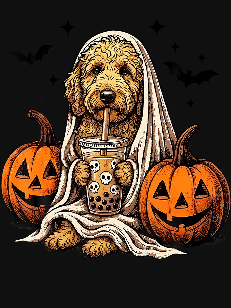 Goldendoodle Ghost And Boba Cute Halloween Dog Design by jerrimisty889
