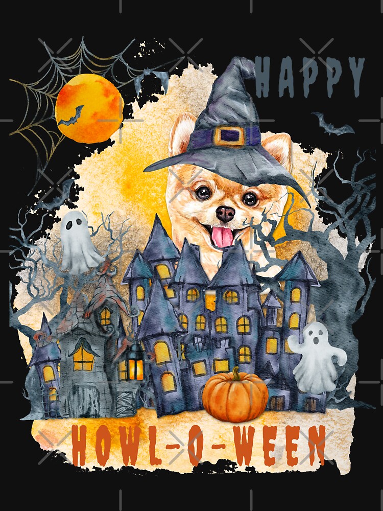 Pomeranian Happy Howl-o-ween Ghost Houses Funny Watercolor by Cuddlythopia