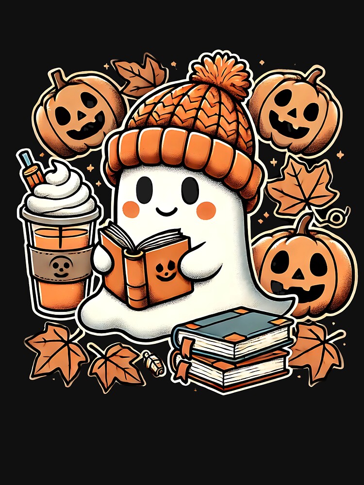 Cute Ghost Reading Books Pumpkin Autumn Halloween Vibes by Nalin-Design