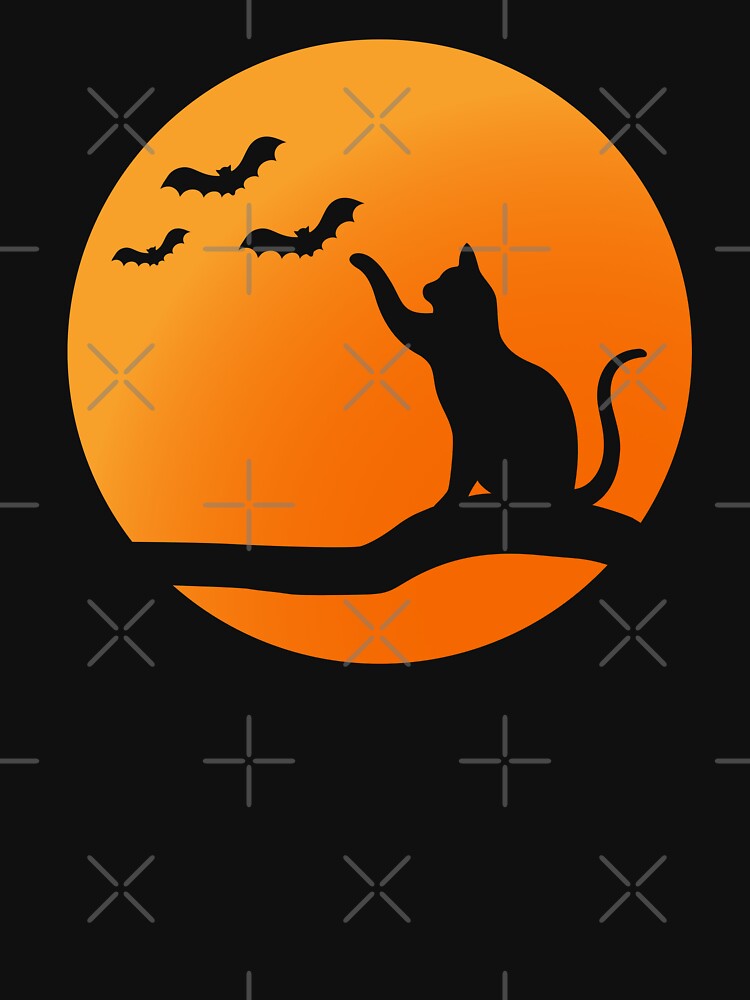 Halloween Black Cat Orange Full Moon and Bats by TKsTees