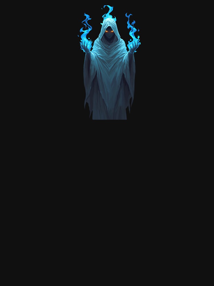 Halloween Hooded Spirit – Mystical Ghost with Blue Flames and Glowing Eyes by PixelVibe782
