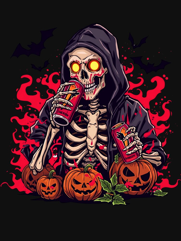 Skeleton Drinking Energy Juice | Funny Creepy Halloween Skeleton Artwork by ColorSplash123