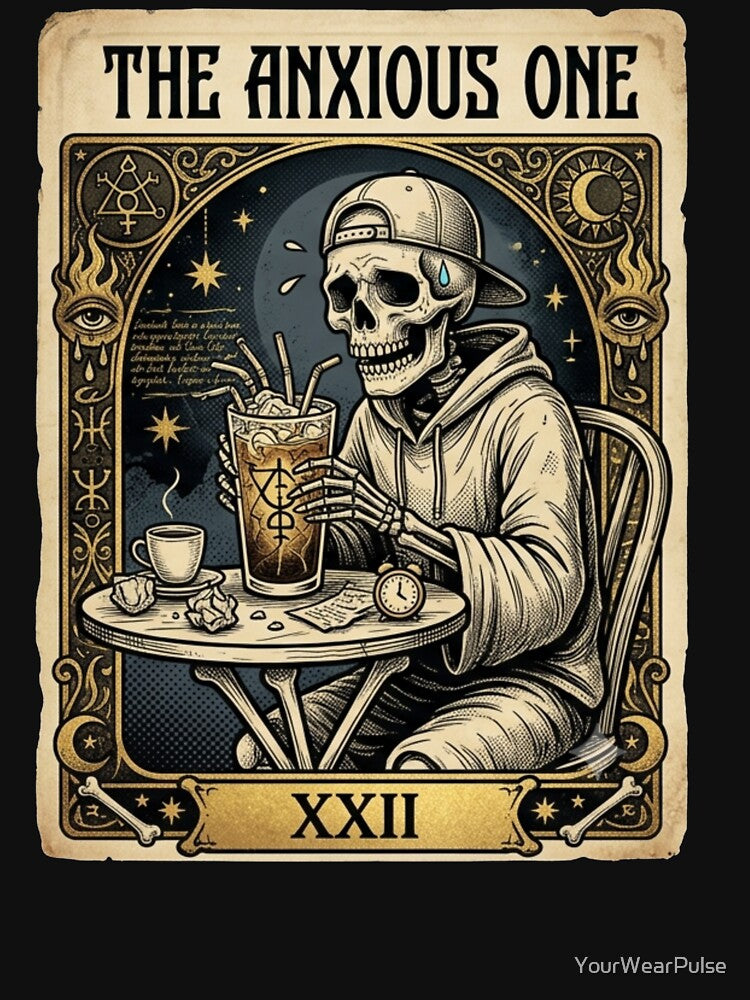 The Anxious One Tarot Card T-Shirt - Skeleton Drinking Iced Coffee by YourWearPulse
