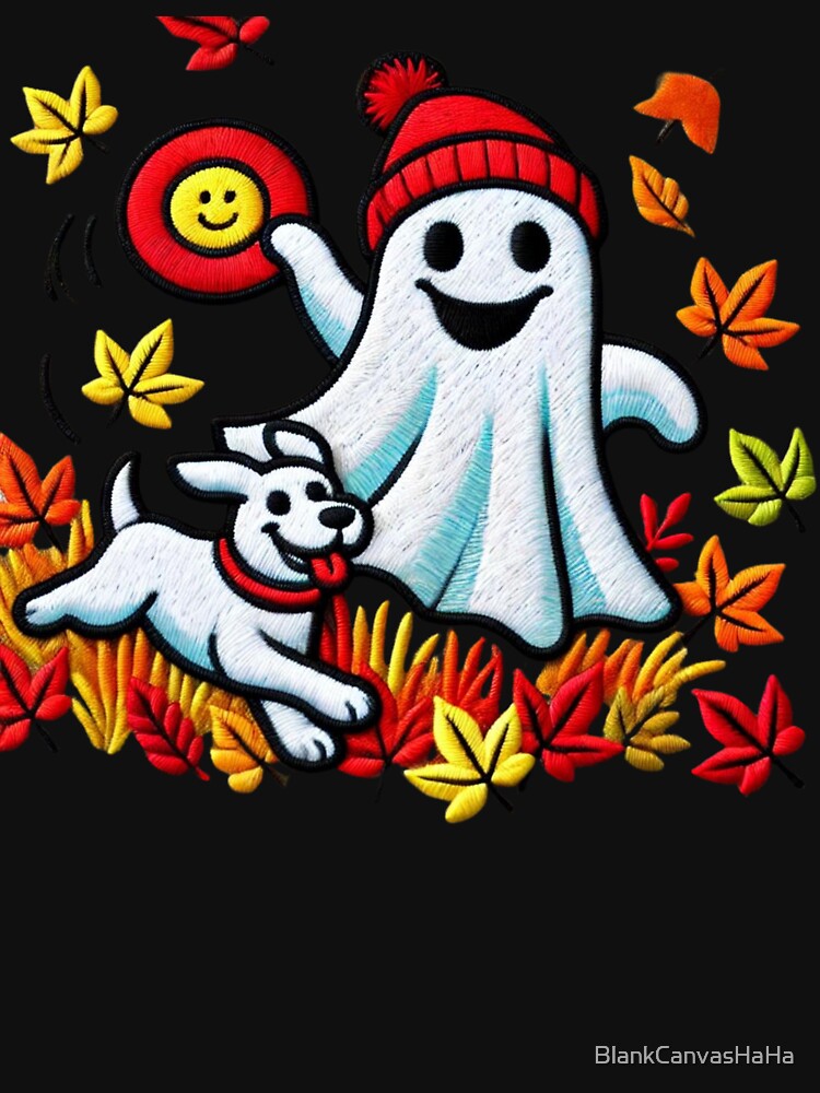 Ghost Playing Frisbee with Dog – Fun Fall Halloween Tee by BlankCanvasHaHa