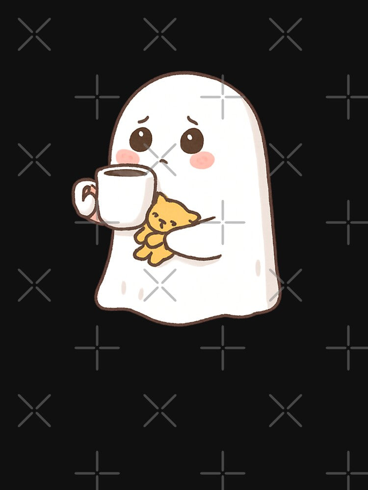Cozy Ghost Drinking Coffee With Cat by Katzpy