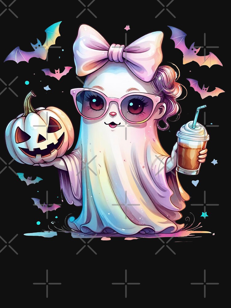 Cute Iridescent Halloween Ghost Boo Having Cold Coffee by RSDigitalPrintDesign