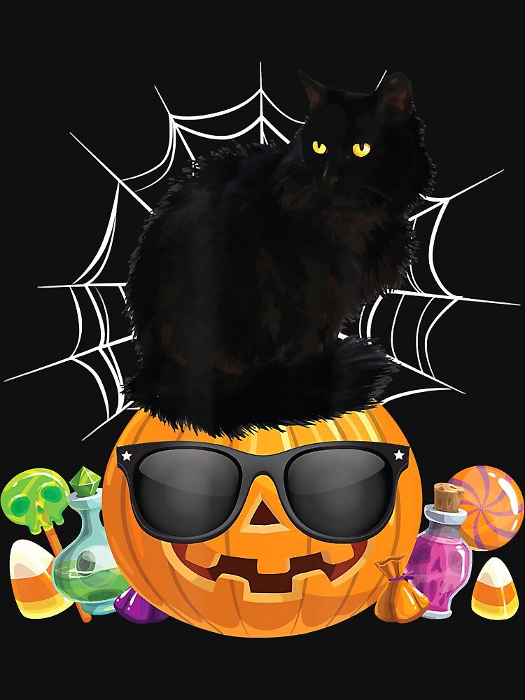 Black Cat Halloween Pumpkin Jack O' Lantern T-Shirt by GrahamWalsh