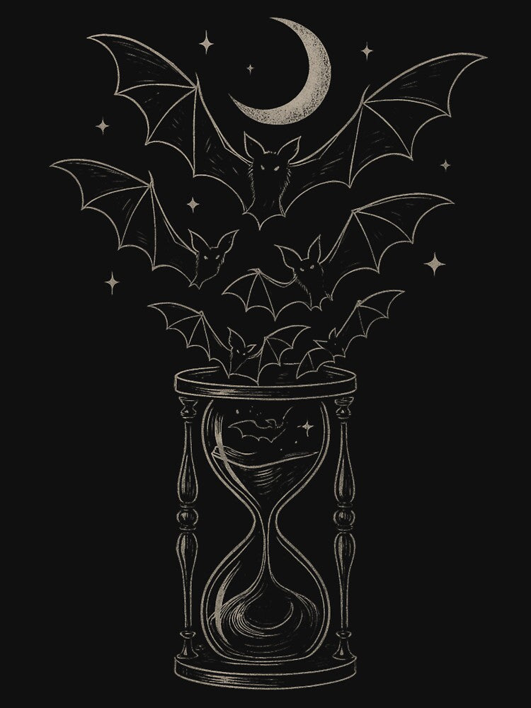 Bats Escaping an Hourglass Under Crescent Moon by Mouraludia