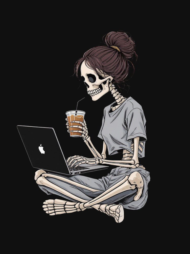 Skeleton Girl with Laptop and Coffee | Cute Gothic Freelancer Kawaii Art by ColorSplash123