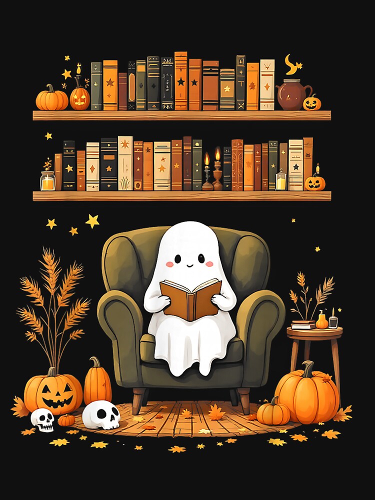 Cute Ghost Reading Book Cozy Halloween Bookshelf Graphic by abig-eiyana