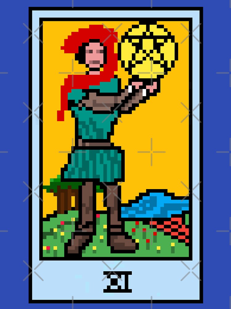 Wait, is this pixel art tarot? Blue - Minor Arcana 'Page of Pentacles' (Design for T-shirt, stickers and other accessories) by Pixel Waite