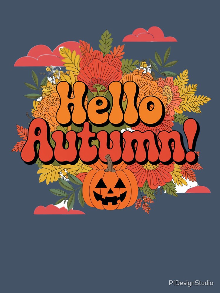 Hello Autumn - Carved Pumpkin and Fall Leaves Design by pnidesign