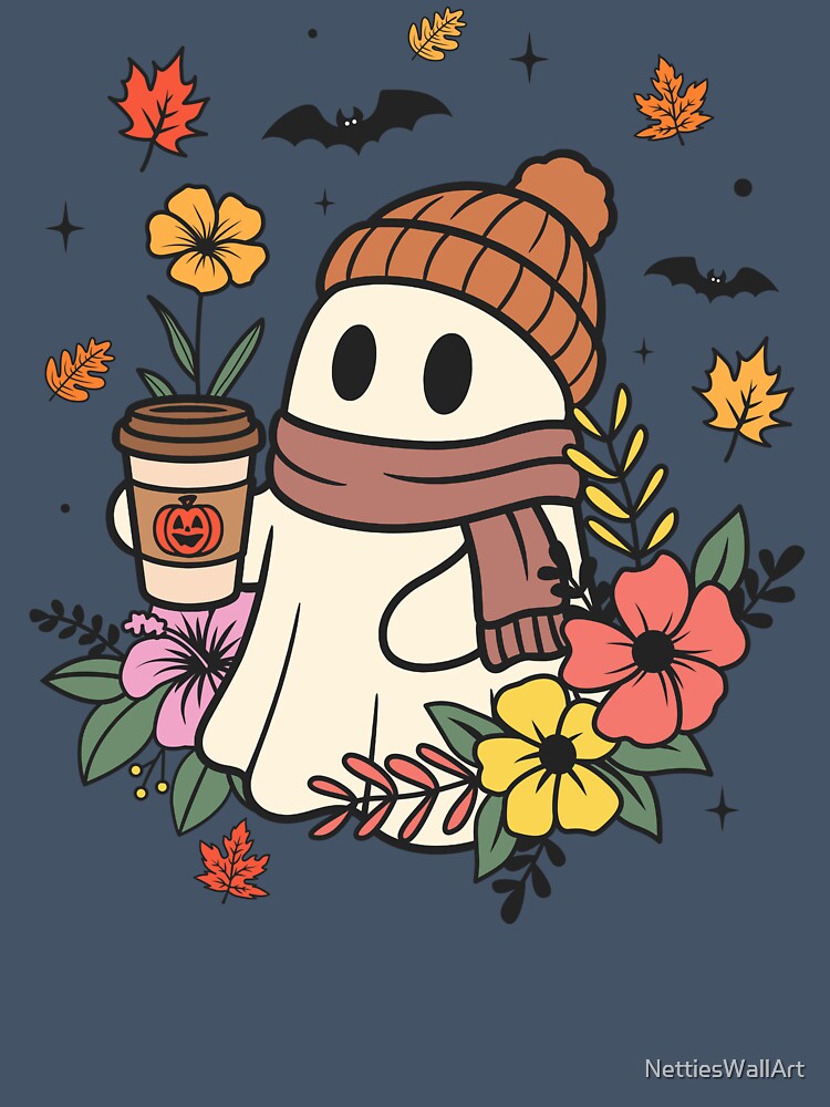 Cute Ghost with Coffee by NettiesWallArt