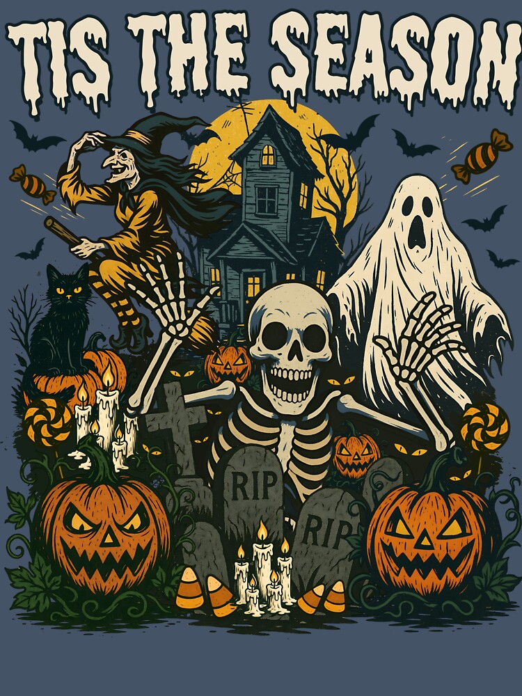 Vintage Tis The Season Halloween Skeleton Ghost Vibes Retro by MegiWu