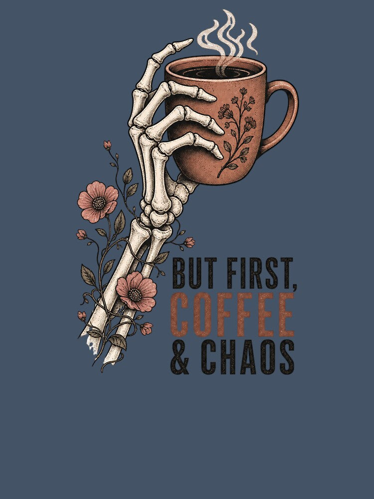 But First Coffee & Chaos Shirt, Comfort Colors® Floral Skeleton Hand Tee, Funny Halloween Coffee Graphic by TshirtsLabs