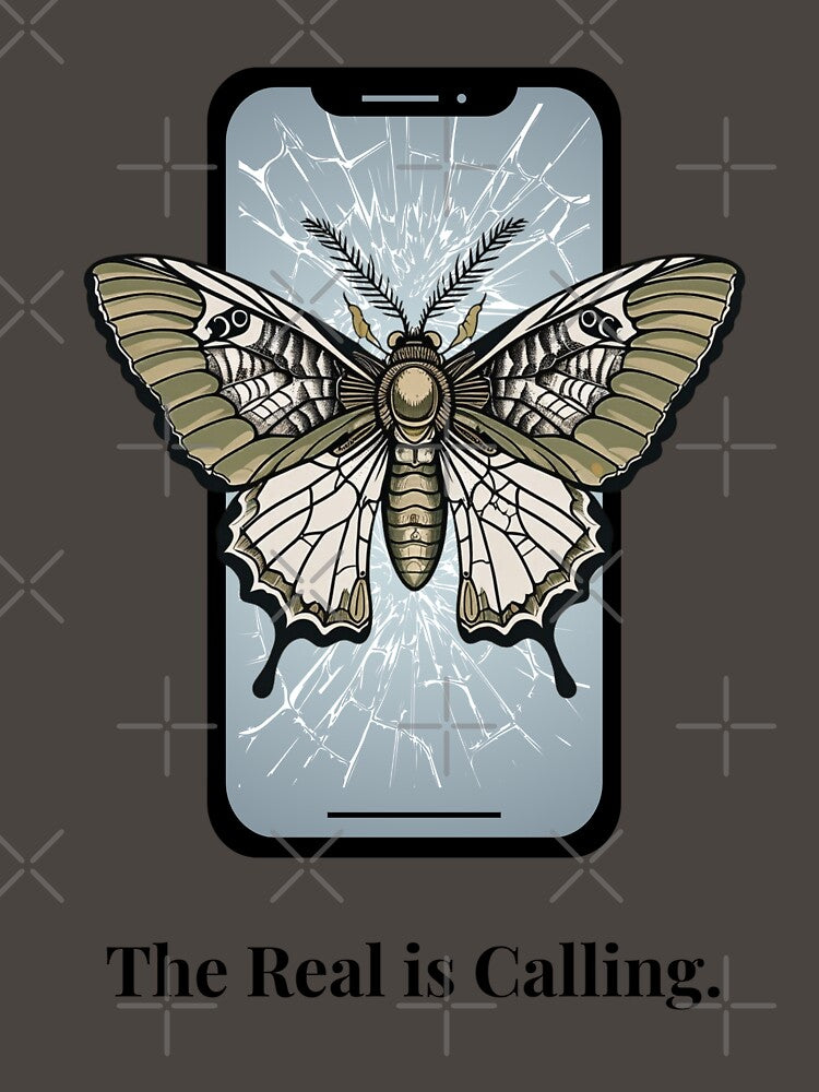 The Real is Calling Gothic Moth Emerging from Cracked Screen Dark Academia by Inkwood Studio Designs