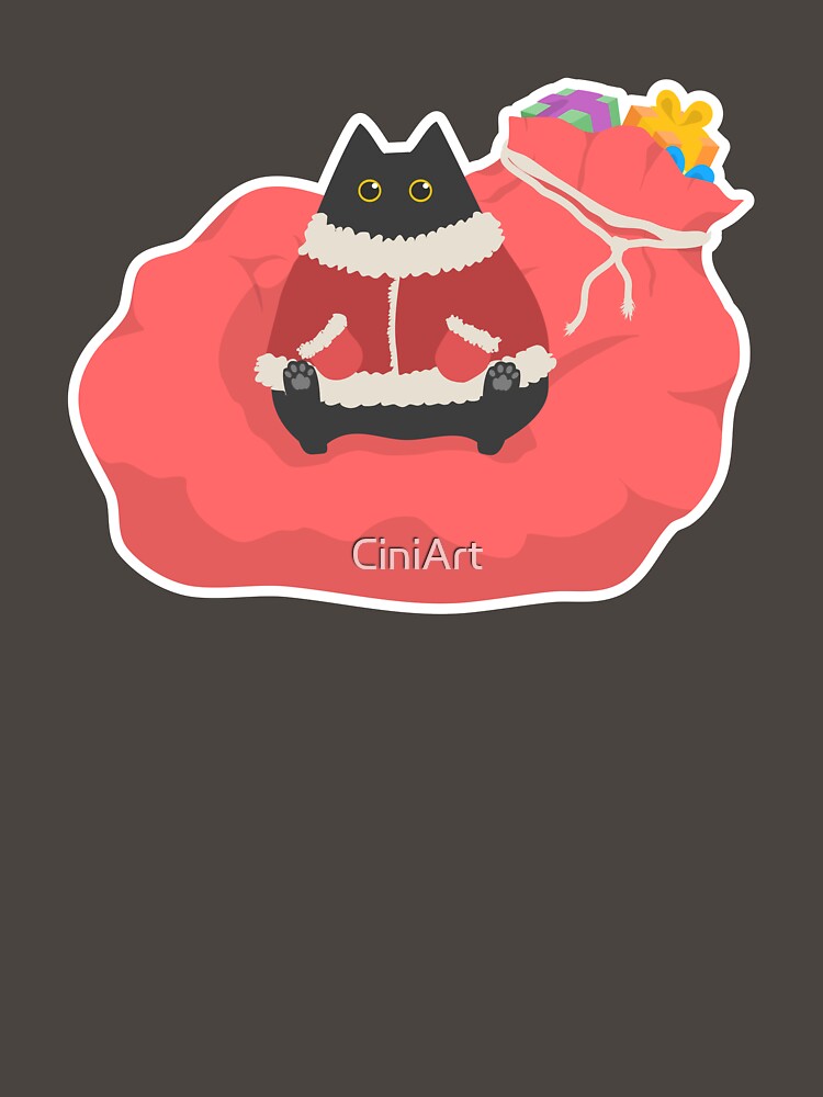 Cute chubby black santa cat with huge red sack of Christmas gifts by CiniArt