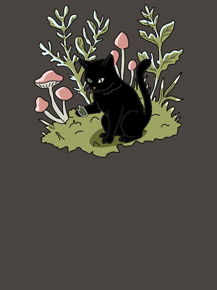 Black Cat in Mushroom Forest Art Print Goblincore Aesthetic by LeshanArt
