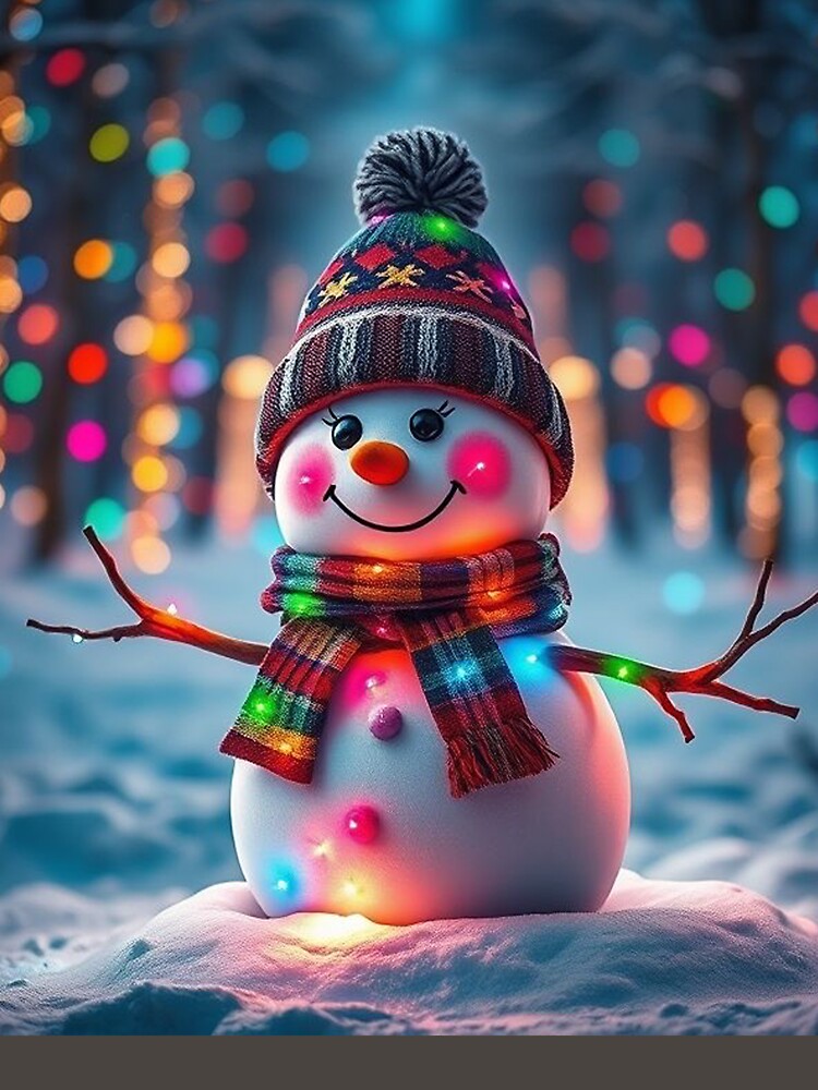 Magical Snowman in Winter Night – Vibrant Photorealistic Christmas Scene with Lights and Snowflakes by PixelVibe782