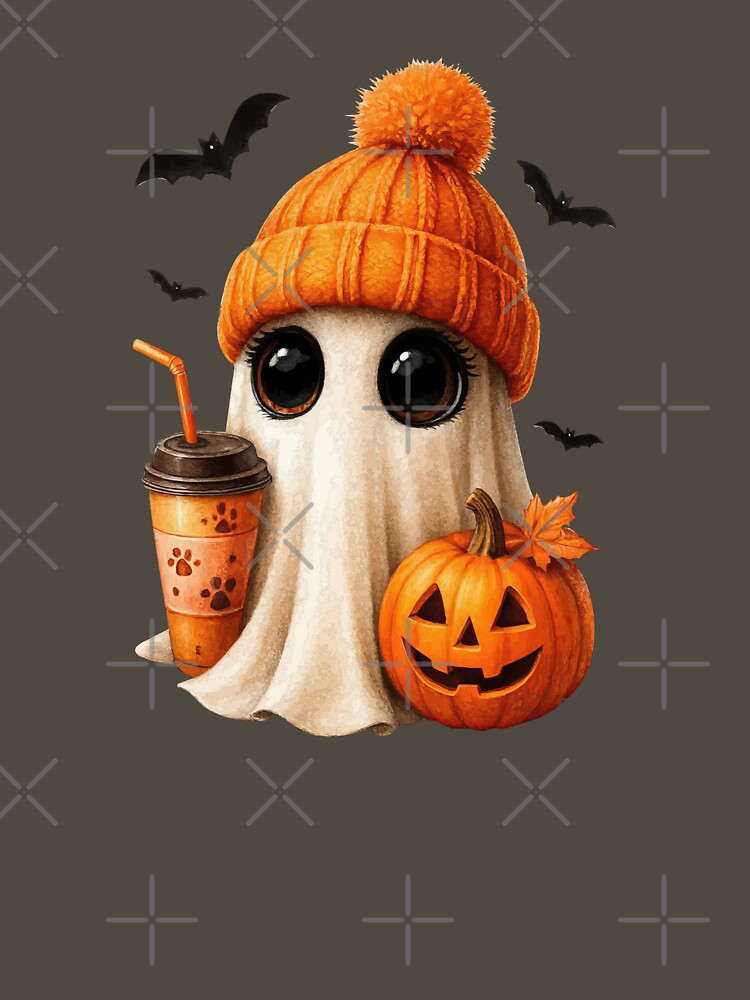 Cute Ghost with Pumpkin Hat and Autumn Drink by Daagath