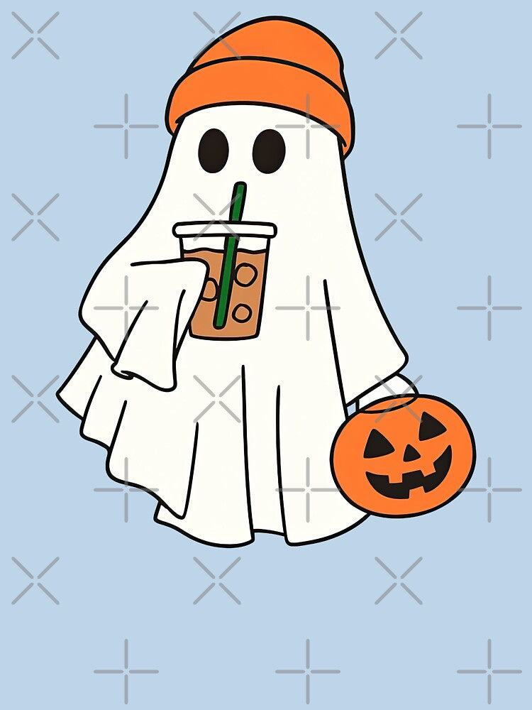 Cute Halloween Ghost with Coffee Illustration by ArtfulWeave
