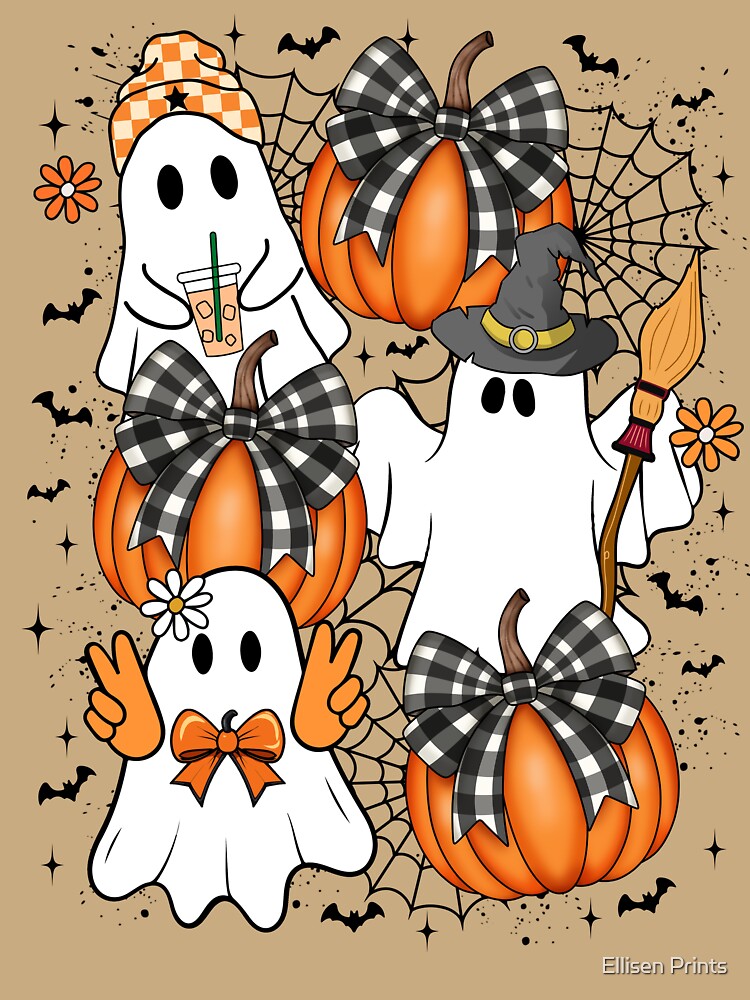 Cute Ghost and Pumpkin Halloween Buffalo Plaid by Ellisen Prints