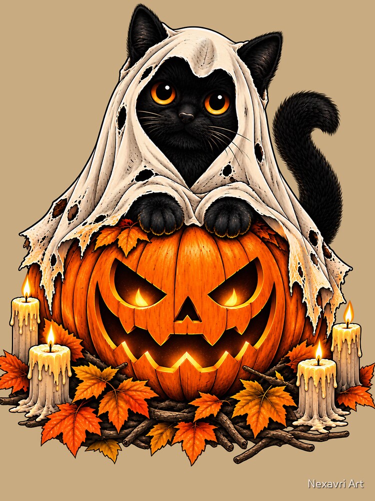 Vintage Halloween Cat – Black Cat Ghost & Pumpkin by Nexavri Art