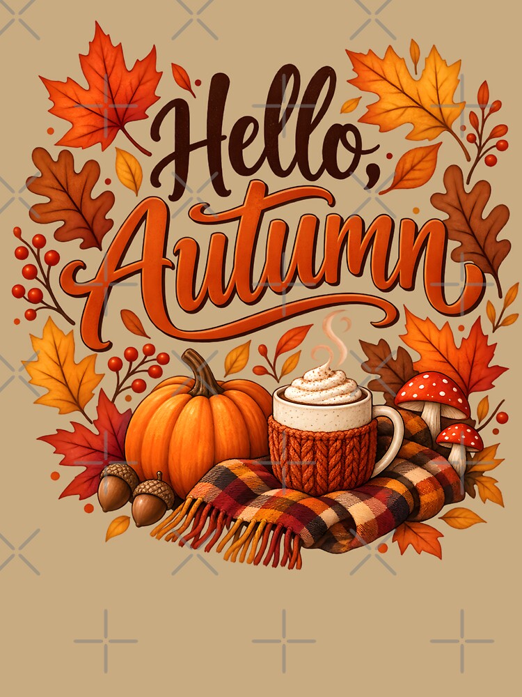 Hello Autumn – Cozy Pumpkin Coffee & Fall Leaves by blankTeeShirt