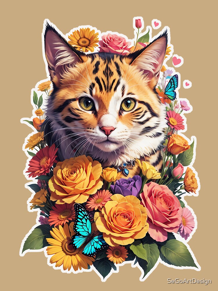 Cute Cat With Flowers and Butterflies by SeGoArtDesign
