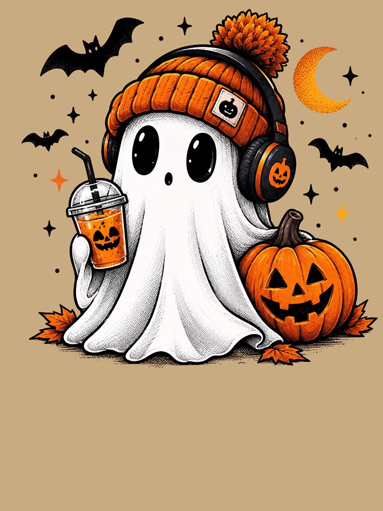 Cute Ghost Drinking Iced Coffee Halloween Beanie by hamadacolonel