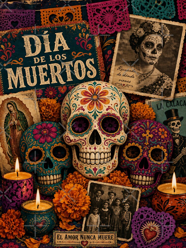 Vibrant Día de los Muertos Sugar Skull Collage | Marigolds & Candlelight Folk Art by Jandedan
