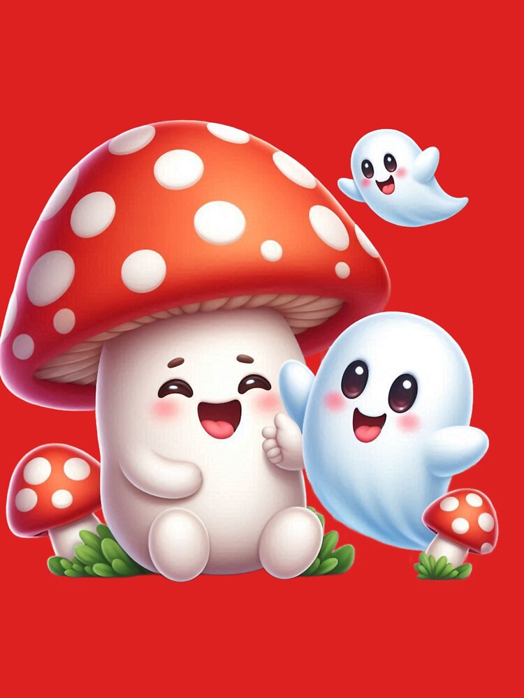 Happy Mushroom Playing with Cute Ghost Kawaii by MAGDY CANVAS