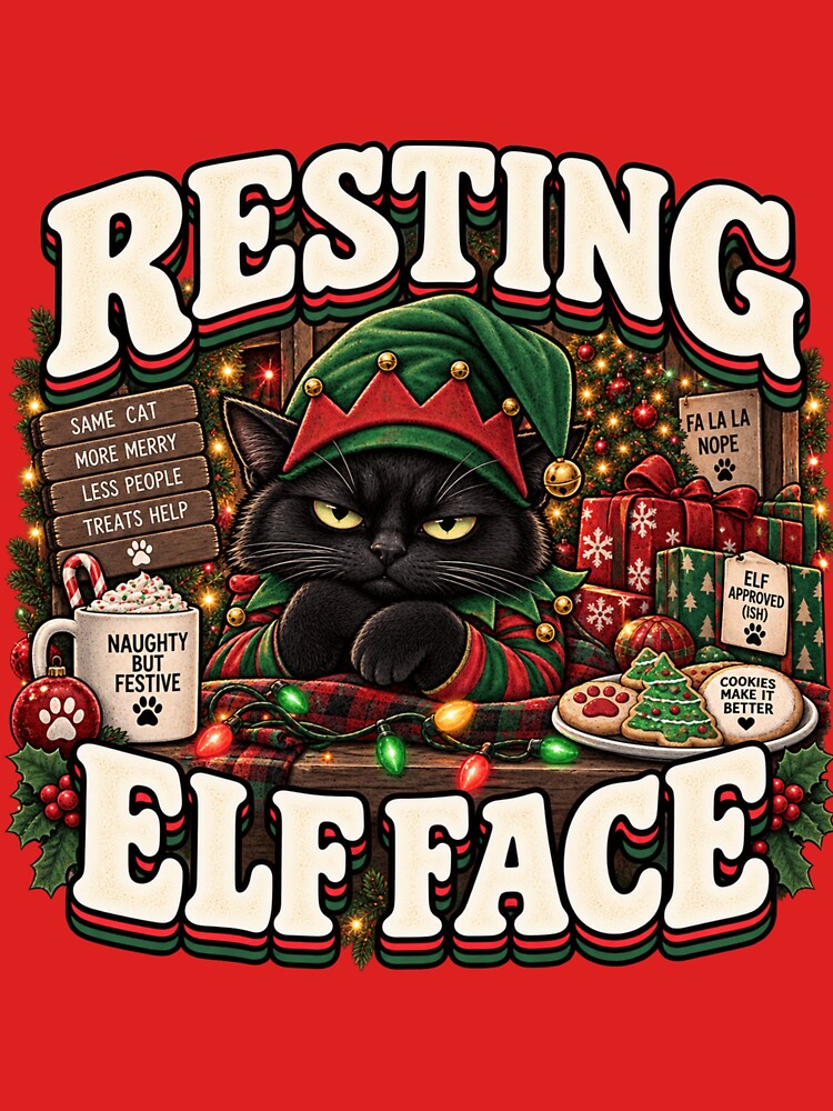 Resting Elf Face Black Cat – Funny Retro Christmas Cat by OddCritterCo