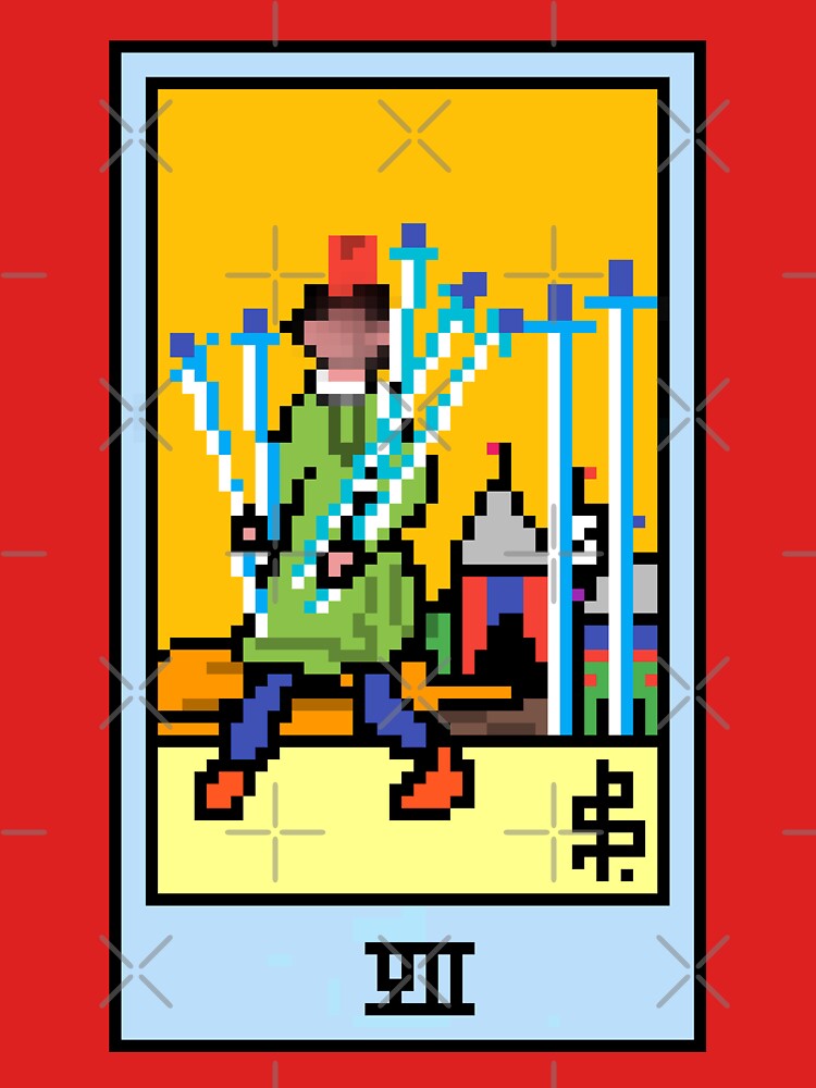 Wait, is this pixel art tarot? Pink - Minor Arcana 'Seven of Swords' (Design for T-shirt, stickers and other accessories) by Pixel Waite
