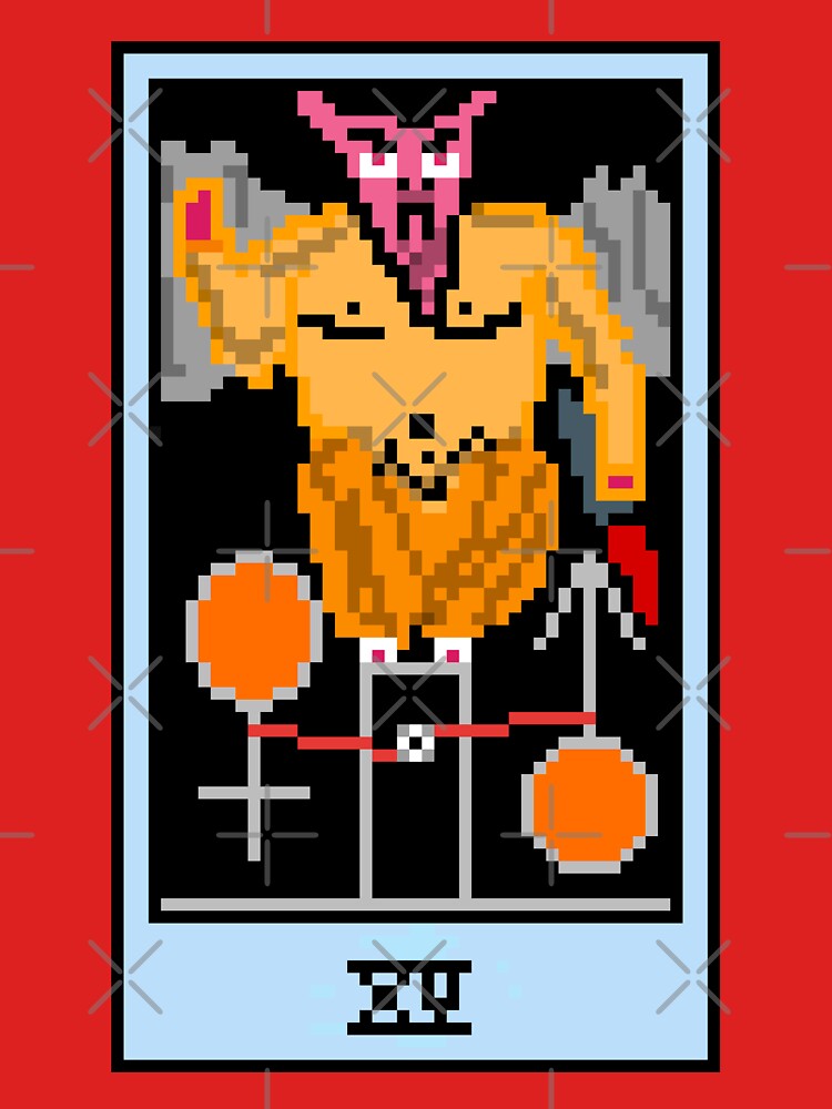 Wait, is this pixel art tarot? Pink - Major Arcana 'The Devil' (Design for T-shirt, stickers and other accessories) by Pixel Waite