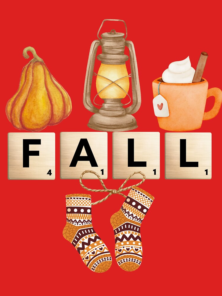 Cozy Fall Composition with Pumpkin, Lantern, Hot Chocolate, Warm Socks and Scrabble Letters FALL by PureHopeStudio
